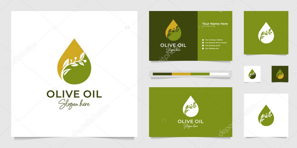 olive oil droplets and tree branches, symbols for beauty salon, skincare, cosmetic, yoga and spa products. premium logo design and business cards.