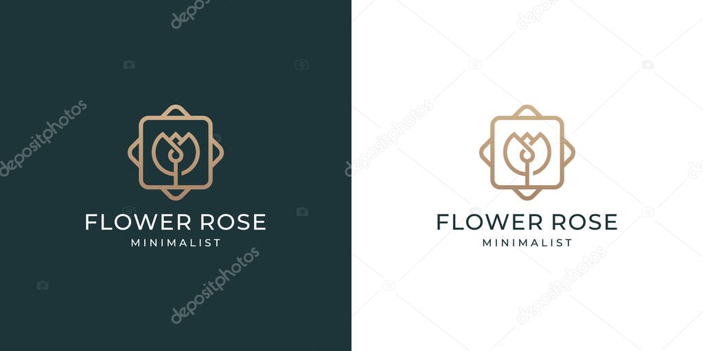 Luxury rose flower logo design with line art style