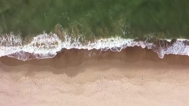 Воздушные Съемки Пляжа Моря Волны Разбивающиеся Песчаный Пляж Плавное Движение — стоковое видео