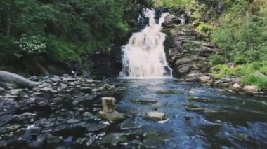 Şelaleye doğru pürüzsüz bir yaklaşım. Nehrin üstünde, yosunlu kayalık bir bölgenin etrafında ağaçlar yetişiyor. Bir kayanın üzerinde bir kütük var.