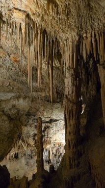Mallorca 'daki Cuevas del Drach' ın içinde görkemli Stalactites ve kireç taşı oluşumları