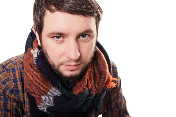 Man Cold. Ill young man with red nose, scarf, sneezing into handkerchief. Medication or drugs abuse, healthcare concept — Stock Photo, Image