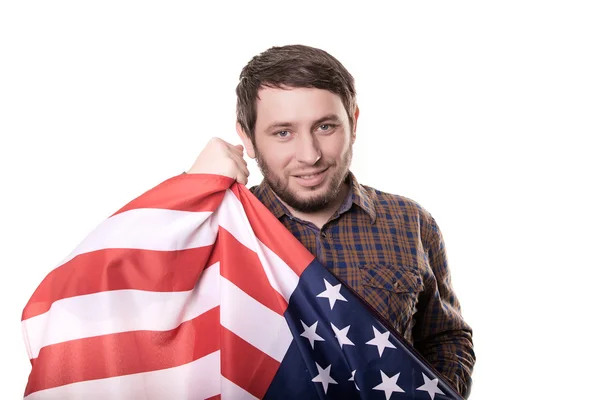 Fan celebrating and holding the flag of USA. Isolated on white background — Stock Photo, Image