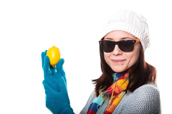 Young happy smiling woman with limon, isolated on white background — Stock Photo, Image