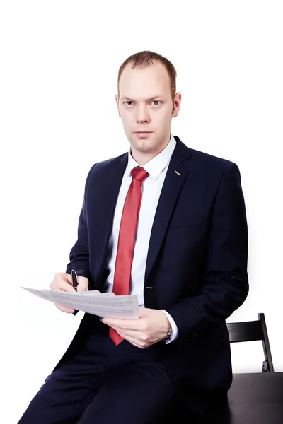 Business, people and office concept - happy smiling businessman in suit — Stock Photo, Image