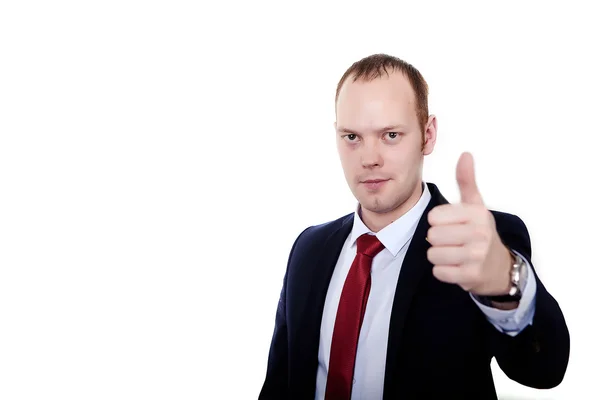 Successful businessman. hands clenched into fists and thumbs up. Stock Picture