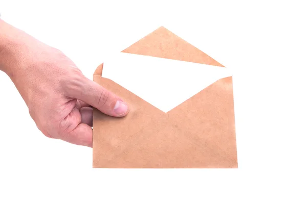 Hand met enveloppen met letters op de witte achtergrond isol — Stockfoto