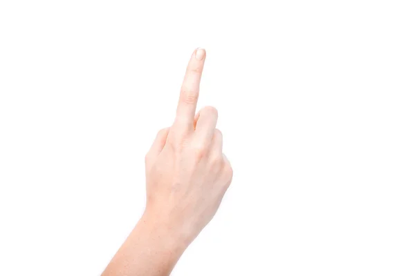 Mão feminina mostrando gesto em um fundo branco isolado — Fotografia de Stock