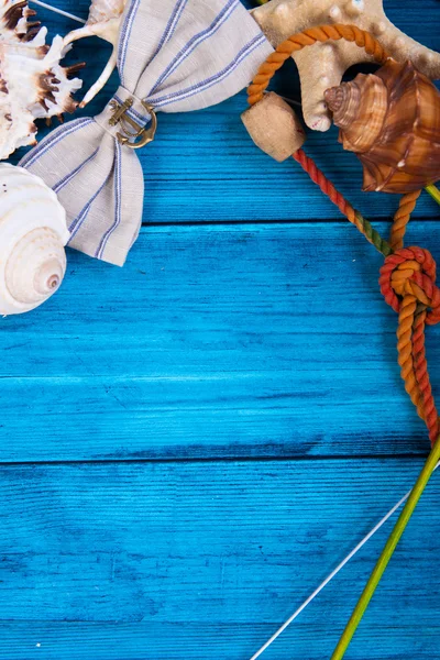 Sommerthema blauer Hintergrund mit Platz für Werbung und maritimes Thema (Muscheln, Seesterne, Seeknoten, Anker)) — Stockfoto