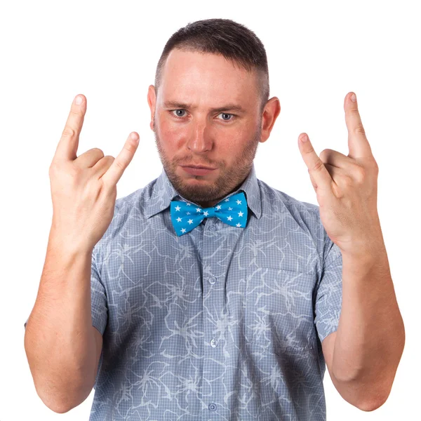 Attractive adult man with stubble in summer shirt that shows gesture on an isolated white background — Stock Photo, Image