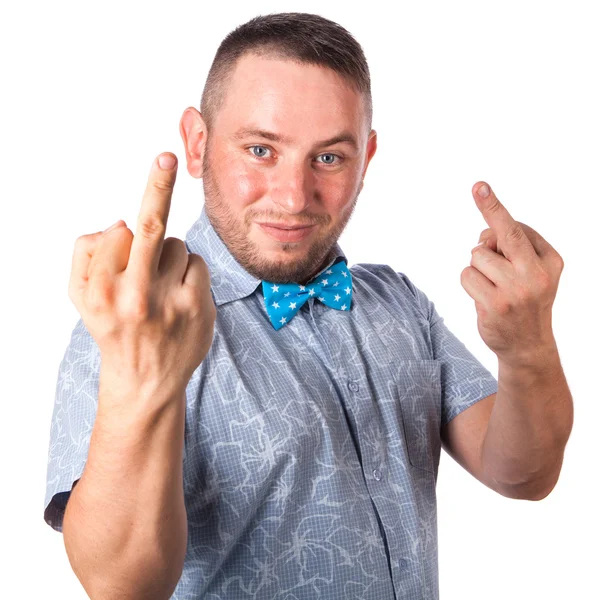 Attractive adult man with stubble in summer shirt that shows gesture on an isolated white background — Stock Photo, Image