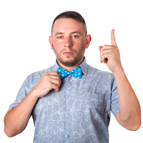 Attractive adult man with stubble in summer shirt that shows gesture on an isolated white background — Stock Photo, Image