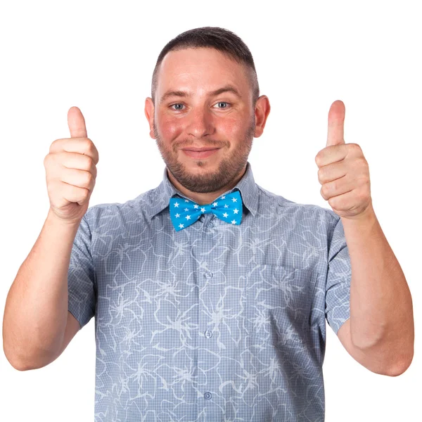 Attractive adult man with stubble in summer shirt that shows gesture on an isolated white background — Stock Photo, Image