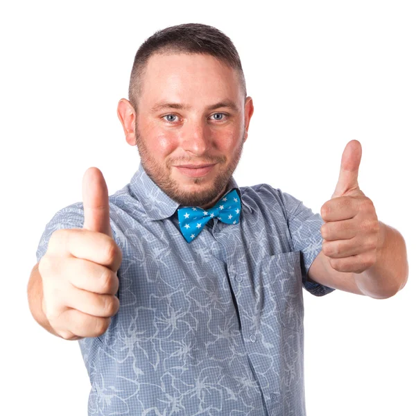 Attractive adult man with stubble in summer shirt that shows gesture on an isolated white background — Stock Photo, Image