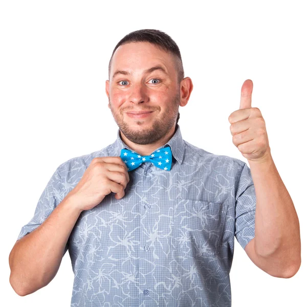 Attractive adult man with stubble in summer shirt that shows gesture on an isolated white background — Stock Photo, Image