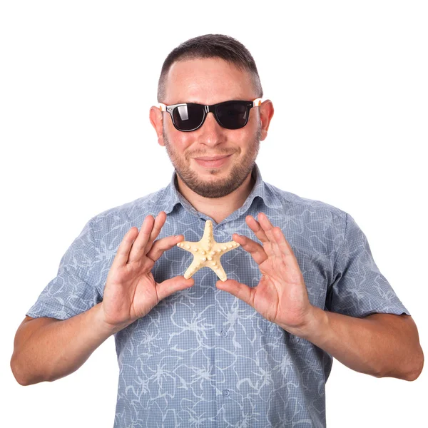 Attractive adult man with stubble in summer shirt that shows gesture on an isolated white background — Stock Photo, Image