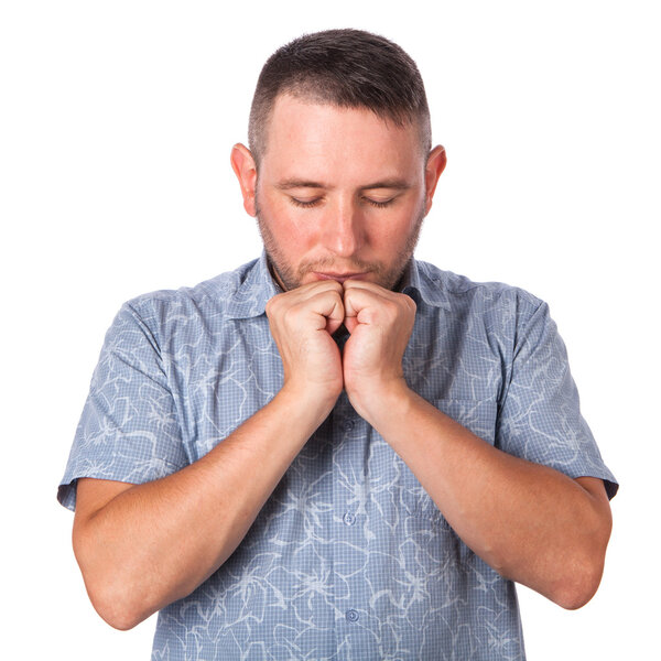 Attractive adult man with stubble in summer shirt that shows gesture on an isolated white background