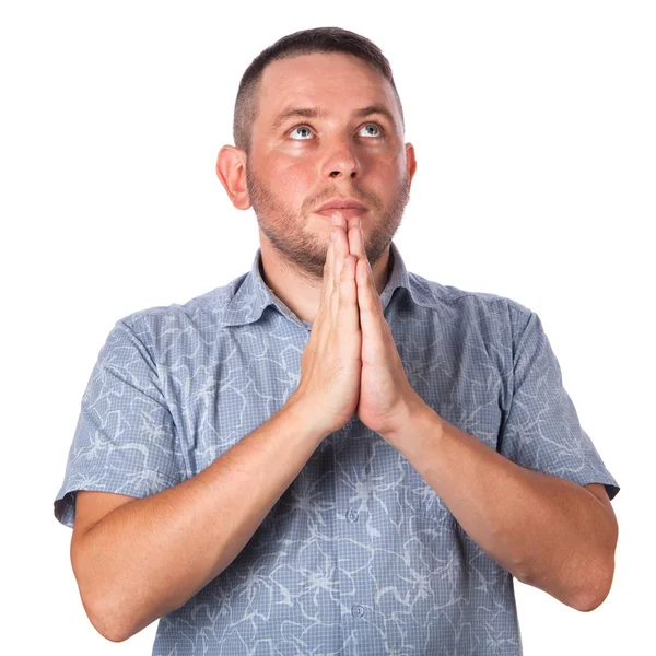 Attractive adult man with stubble in summer shirt that shows gesture on an isolated white background — Stock Photo, Image