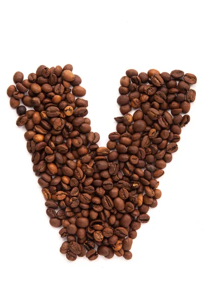 Alphabet letter V of roasted coffee beans isolated on white background — Stock Photo, Image