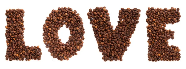 Inscription love of roasted coffee beans isolated on white background — Stock Photo, Image