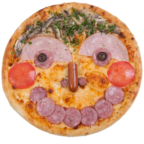 Bir güler yüz jambon ve zeytin pizza — Stok fotoğraf