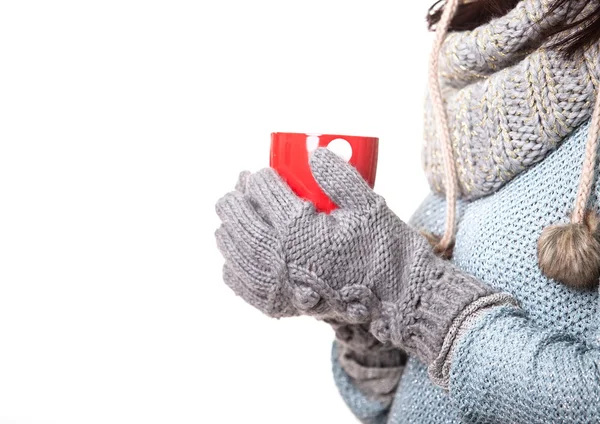 Hands in knitted mittens holding a red circle, isolated on white — Stock Photo, Image