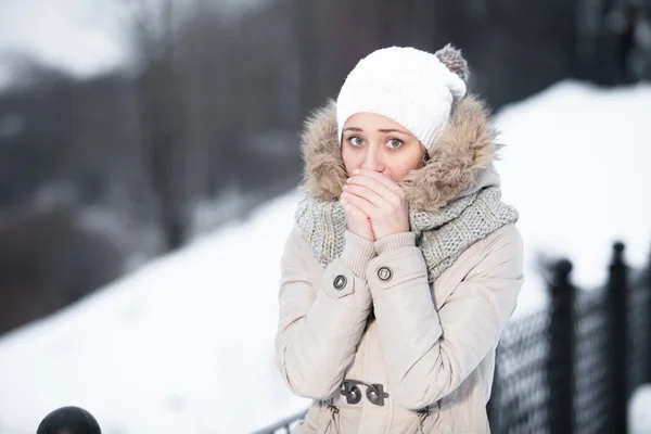 Attraktive junge Frau im Winter im Freien. sonniges Wetter. Französischer Stil. Außenschuss. — Stockfoto