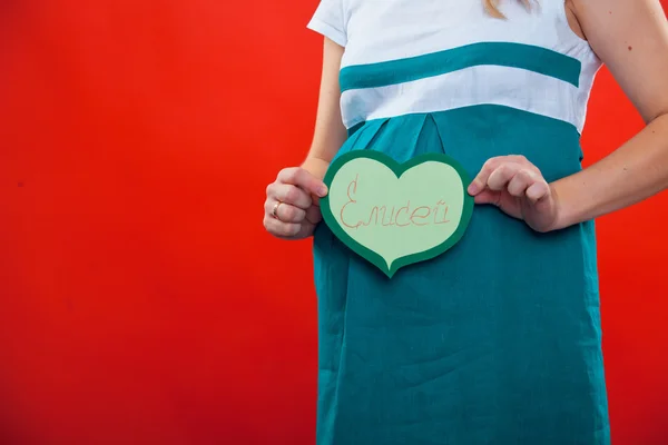 Studioporträt einer schönen jungen schwangeren Frau auf rotem Hintergrund — Stockfoto