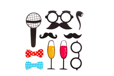 Photobooth doğum günü ve parti ayarla - gözlük, şapka, kron, maskeler, dudaklar, bıyık