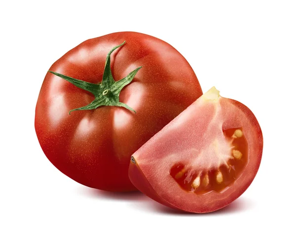 Red tomato and quarter piece isolated on white background