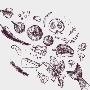 Anahat illüstrasyon ile el çizilmiş baharat ve malzemeleri için 