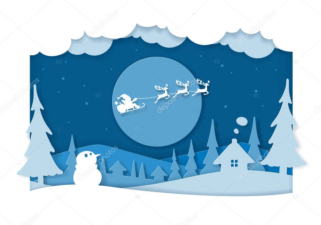 Santa paper cutting art with reindeers and cart is flying in the sky.