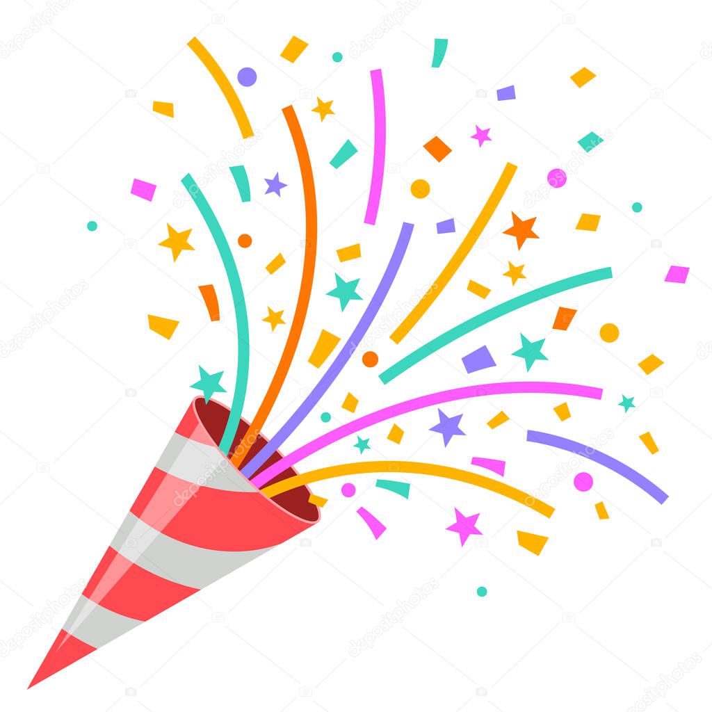 Exploding party popper on white background.