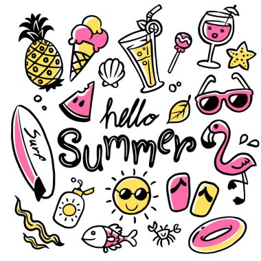 Merhaba Yaz koleksiyonu. Renkli komik karalama yazının vektör çizimi 