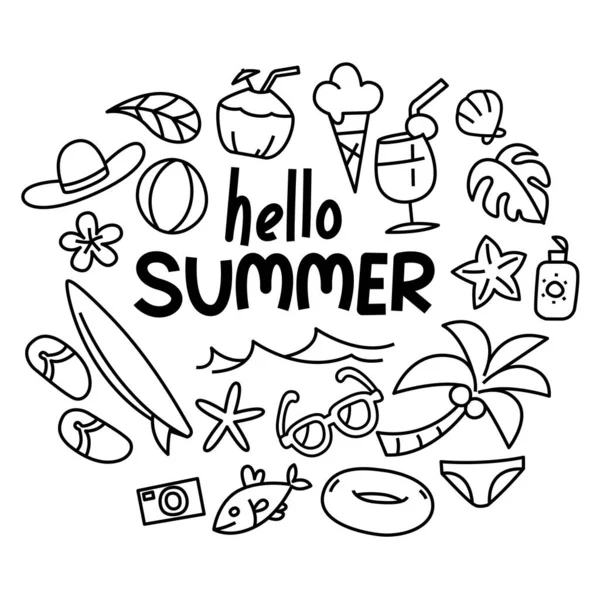 Γεια Σου Καλοκαιρινή Συλλογή Εικονογράφηση Διάνυσμα Αστείο Doodle Καλοκαίρι — Διανυσματικό Αρχείο