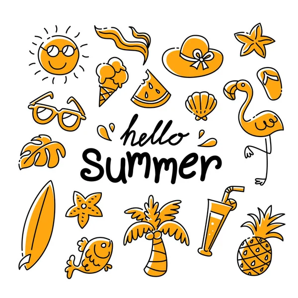Olá Coleção Verão Ilustração Vetorial Colorido Engraçado Doodle Verão — Vetor de Stock