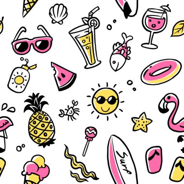 Kusursuz desenli yaz koleksiyonu. Renkli komik karalama yazının vektör çizimi. 