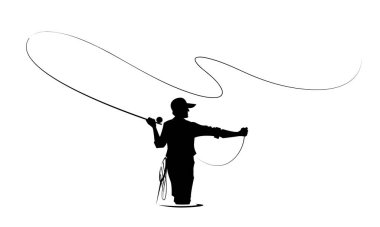  Sihouette balıkçı elinde oltayla suyun üzerinde duruyor.
