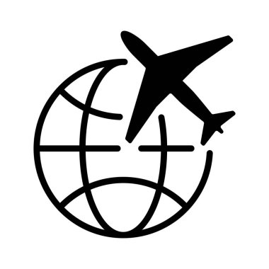 Dünyalı uçakların basit siyah grafikleri, küresel ulaşım ikonları.