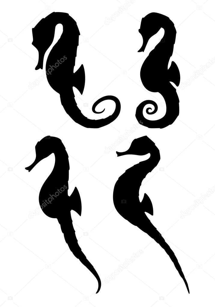 Four seahorse silhouettes on white background.