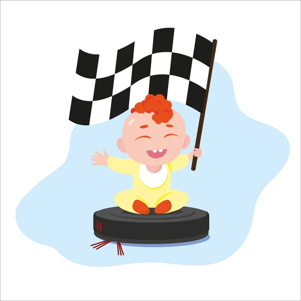 Baby Boy Riding Robot Vacuum Cleaner While Working Childish Concept — Stock Vector