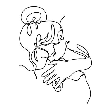 Sevgililer. Öpüşen çift. Minimalizm tarzında sürekli tek bir çizginin vektör illüstrasyonu. Aşk tek satırda.