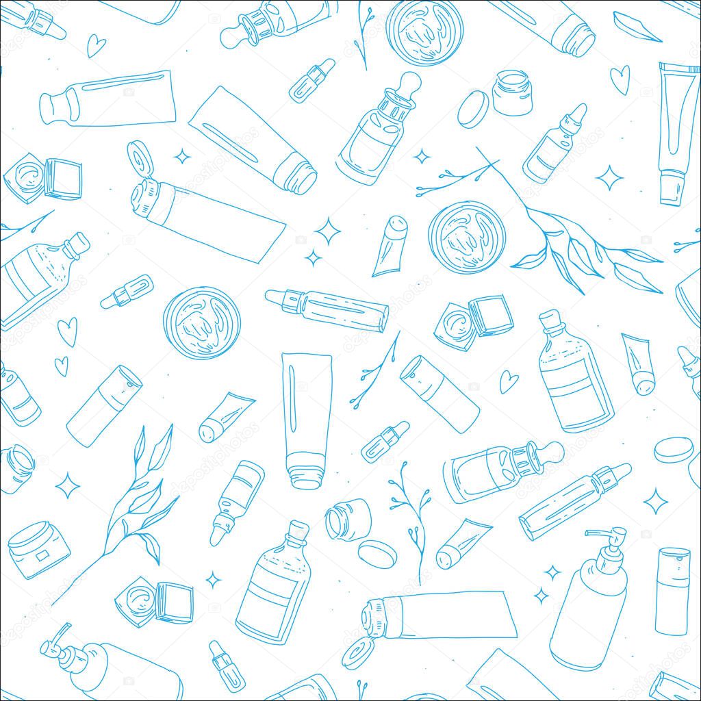 Seamless Beauty pattern with cosmetic jars, tonic and lotion bottles. Vector illustration for natural cosmetics, beauty ans spa, skin care. Transparent background. 