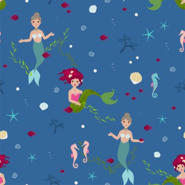  Güzel denizkızları, deniz kabukları, balıklar ve denizatları olan küçük prensesler için kusursuz bir desen.