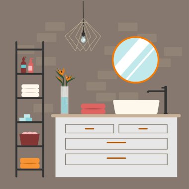 Renkli aksanlı modern banyo. Düz Çizim.