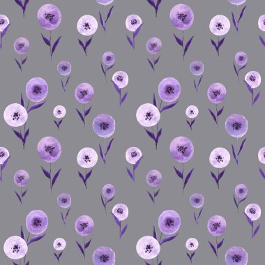 Suluboya karahindiba desenli kusursuz desen. Soyut menekşe karahindiba tarlası. Elle çizilmiş çiçek deseni.