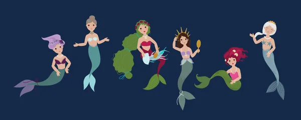 Conjunto Belas Sereias Bonito Adorável Estilo Desenho Animado —  Vetores de Stock