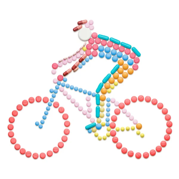 Professionell roadie. Dopning droger och tabletter i form av en tävlingscyklist på cykel. — Stockfoto