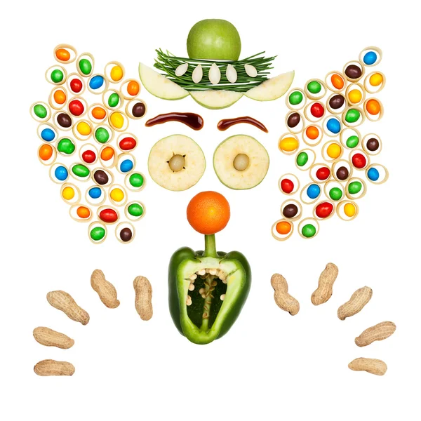 Scary fruity clown. Funny clown made of vegetables and fruits in a kids menu isolated on white. — Stock Photo, Image