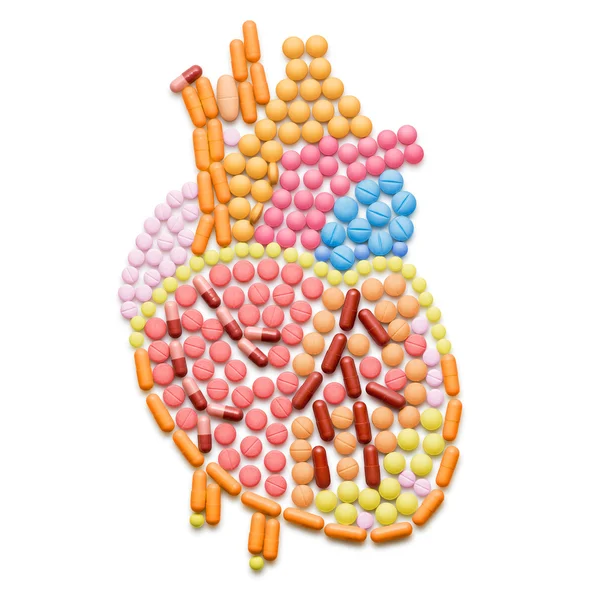 약물이 겼 다. 인간의 심장 모양 알 약, 흰색 절연의. — 스톡 사진